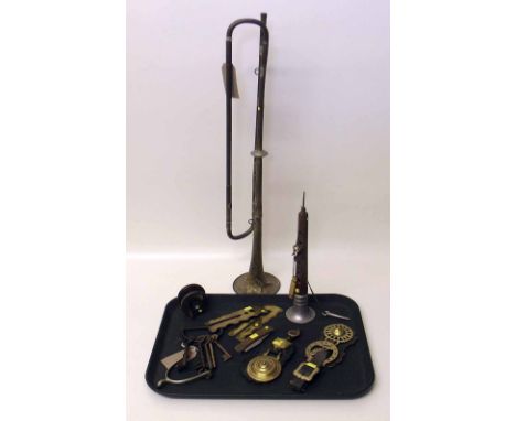 Two horse brasses on straps, five old large door keys, two brass button cleaner protectors, pen knife, wooden fishing reel, h