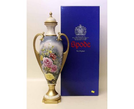 Spode Charles F. Horton hand painted prestige lidded twin handled vase signed Liam Millan with box, sold in aid of the upkeep