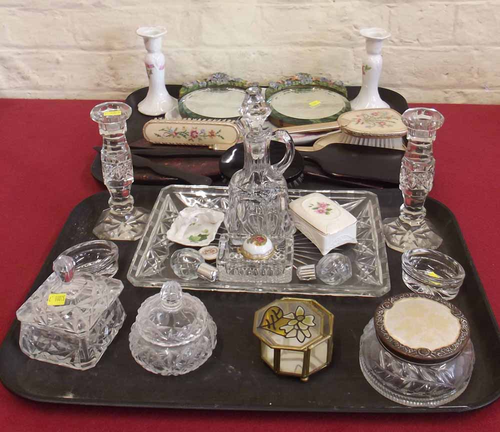 Cut glass dressing table set, pair of small mirrors with floral