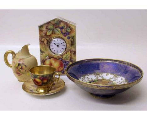 Royal Worcester flat back jug, also a Royal Worcester Crown ware bowl, an unmarked Royal Worcester clock and an R. Budd cup a