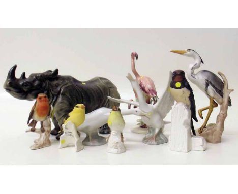 Ceramic Rhinoceros, two Lladro Geese and give Goebel birds. Condition report: see terms and conditions