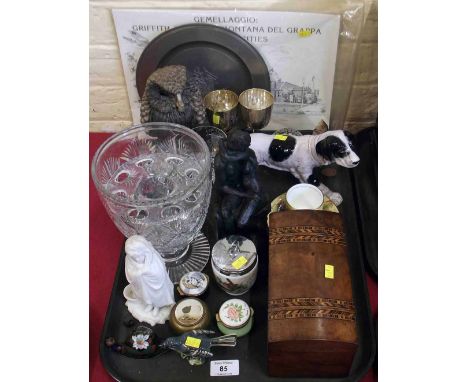 Tonbridge tea caddy, Baccarat style paper weight and other decorative items including a folder of prints. Condition report: s