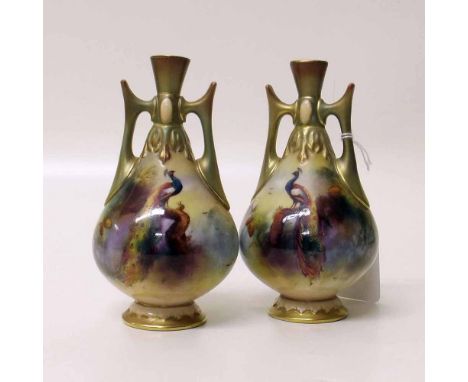 Pair of Royal Worcester vases painted with Peacock signed F.J. Bray. Condition report: see terms and conditions