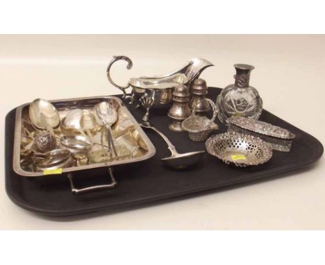 Silver ladle, silver nut dish, two silver pepperettes, two mustards, quantity of plated ware etc. Condition report: see terms