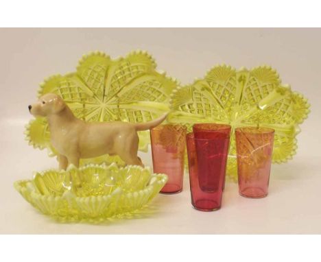 Beswick Golden Retriever, four ruby glass tumblers and three graduated glass dishes. Condition report: see terms and conditio