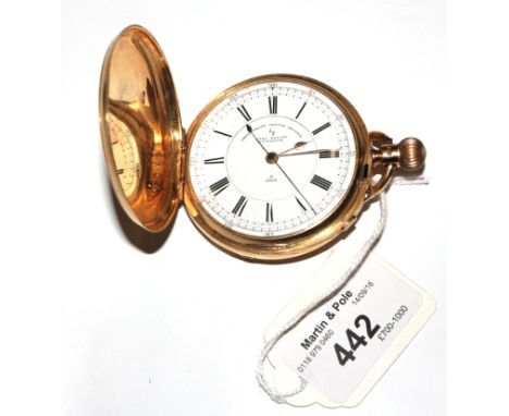 An 18 carat gold full hunter chronograph pocket watch, having a three quarter plate lever movement, a white enamel dial with 