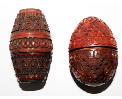 An ovoid engine turned coquilla nutmeg grater and an coquilla egg form swing case with pierced engine turned decoration 6cm l