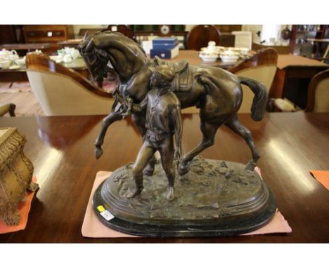 A bronze figure of a horse and jockey, signed Edgar Bertram 1872, on a marble base, 47cm high