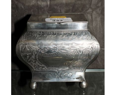 A Victorian silver plated tea caddy of bombe form on four ball feet