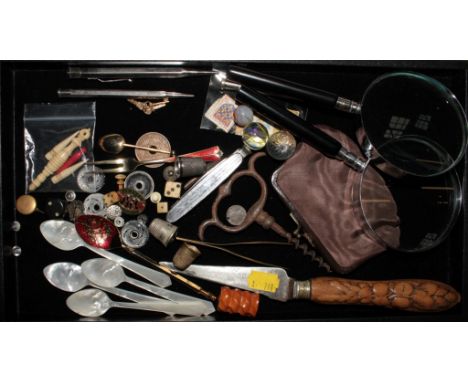 A tray of collectables to include mother of pearl spoons, magnifying glasses, enamel spoons and propelling pencils