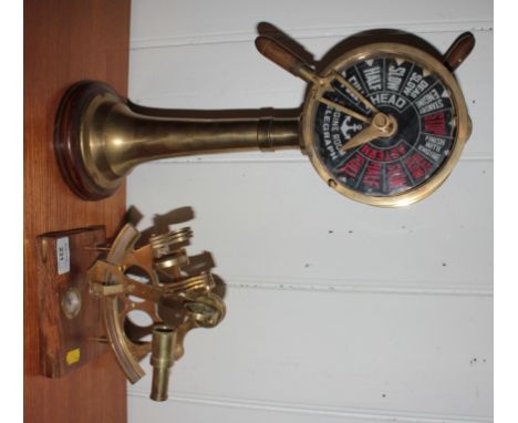 A brass miniature engine room telegraph, 45cm high and a brass model of a sextant (2)