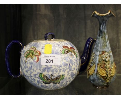 Royal Doulton teapot c1910-20 D3947 stylised butterflies on blue chintz floral pattern with navy blue gilt trim and a small s