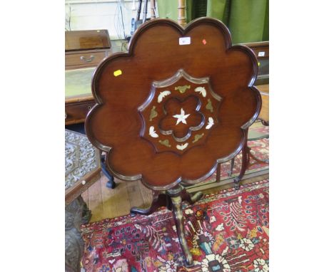 A George III style snaptop tripod supper table, with brass and mother of pearl inlay in the style of Frederick Hintz, the sha