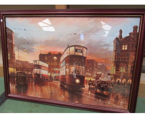 A print "In Town Tonight" (tram 1025 at Wandsworth, London) by Don Breckon, framed and glazed 