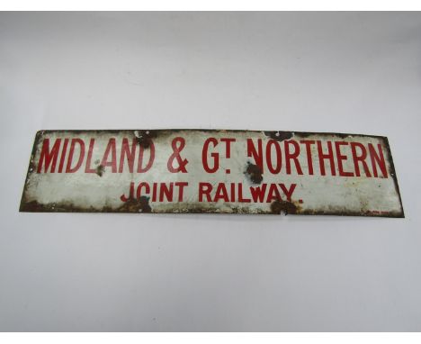 An enamel single sided M&amp;GN Jt Railway sign, red writing on white background 