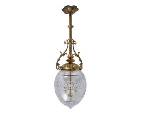 A gilt metal and cut and etched glass pendant ceiling light, second quarter 20th century, the foliate cast, knopped and scrol