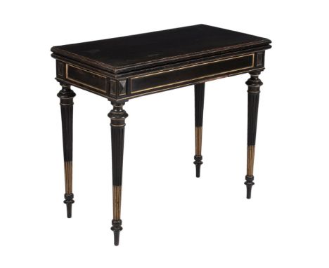 A Victorian ebonised and parcel gilt card table, circa 1870, the folding top with baize playing surface above rear legs slidi