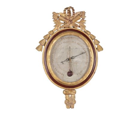 A French carved giltwood and painted barometer, the painted dial with the usual observations in French and centred by a therm