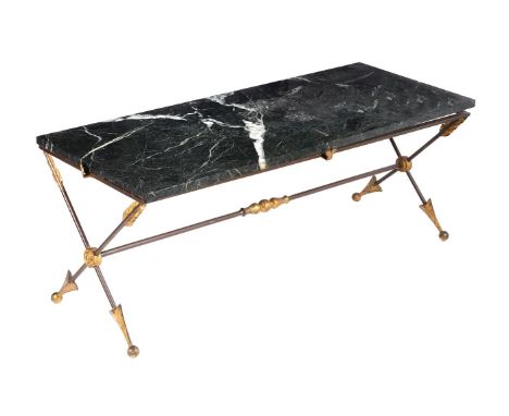 An Italian green serpentine marble and parcel gilt metal mounted occasional table, 20th century, the rectangular top supporte