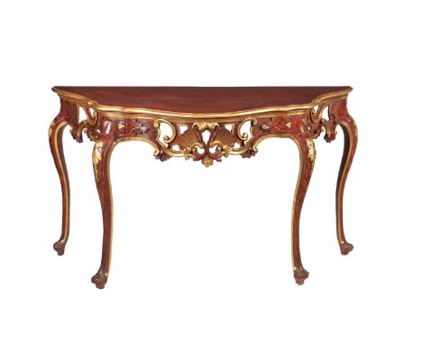 A pair of red painted and parcel gilt console tables in Continental 18th century taste, 19th century, each 88cm high, 158cm w
