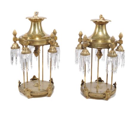 A near pair of substantial gilt metal and glass hung five light electroliers in the style of lanterns, in 19th century taste,