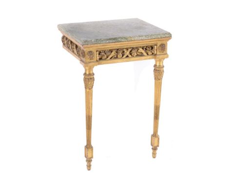 A pair of giltwood and marble topped console tables, late 19th century and later, of narrow 'bedside' proportion, almost cert