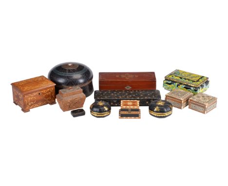 ϒA collection of eleven various boxes, 19th and 20th centuries, to include two black and gold painted papier mache Chinoiseri
