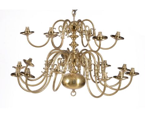 A gilt brass eighteen light chandelier in 17th century Dutch taste, 20th century, the scrolled and foliate cast arms arranged