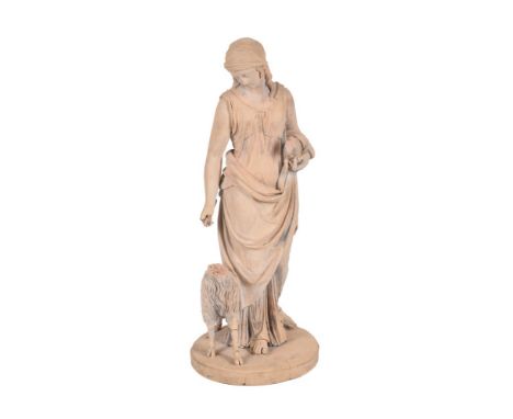 A terracotta model of a shepherdess, probably English, circa 1800, the maiden portrayed standing and draped, holding a lamb i