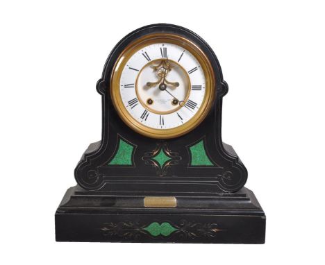 A black marble and malachite inset mantel clock, circa 1875, with French eight-day bell striking movement and with visible an