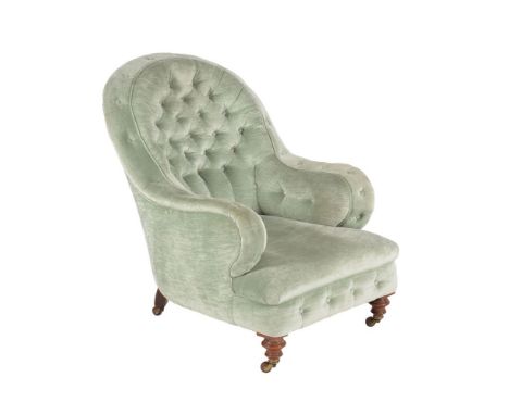 A Victorian walnut and upholstered armchair, circa 1880 and recently upholstered, in the manner of Howard &amp; Sons, with bu