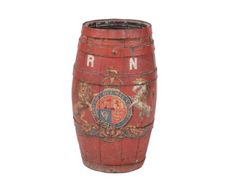 A red painted stick stand, of coopered barrel construction and oval form, with painted Royal Coat-of-Arms and R N, 63cm high