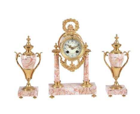 A French variegated pink marble and gilt-metal mounted clock garniture, AD Mougin, early 20th century, the eight-day bell str