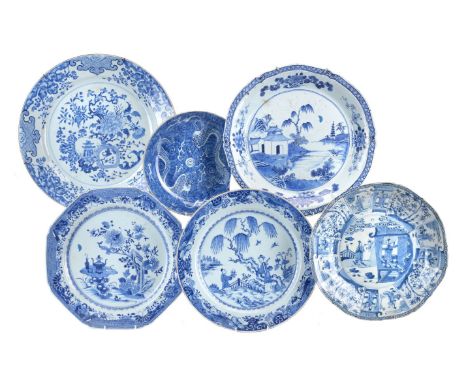 A group of Chinese blue and white, largely 18th century, variously decorated, comprising: a Chinese octagonal dish, painted w