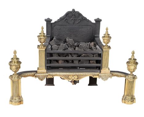 A cast iron and brass mounted fire grate in 18th century taste, 20th century, the rectangular section basket with arched back