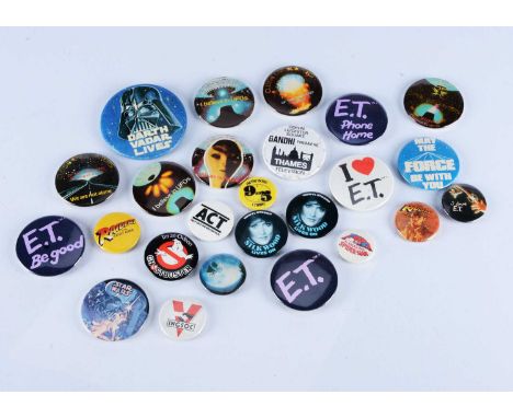 Film Pin Badges, approximately twenty five vintage pin badges with films comprising Star Wars, E.T., Close Encounters, Raider