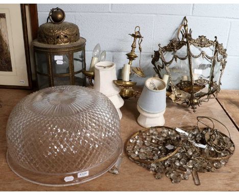 A Brass Framed Three Light Hanging Pendant, with etched glass panels, a pierced brass lantern, a six branch electrolier, a pa