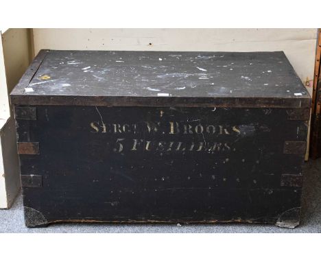 A Military Metal-Bound Travelling Trunk, stencilled SERGT. W. BROOKS 5 FUSILIERS., 103cm by 56cm by 53cm, together with two b