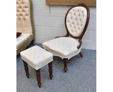 A Late Victorian Walnut Framed Nursing Chair, with button back; together with a mahogany framed stool, upholstered to match (