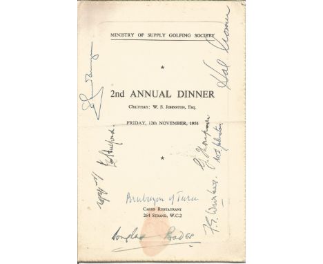 WW2 Douglas Bader and others signed 1954 Ministry of Supply Golf Society Dinner programme. Signed by nine inc Bader, slightly