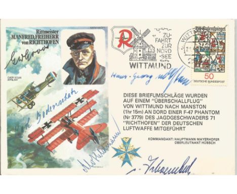 Great War  Luftwaffe aces multiple signed cover. Magnificent Richthofen cover with colour cachet depicting both portrait of R