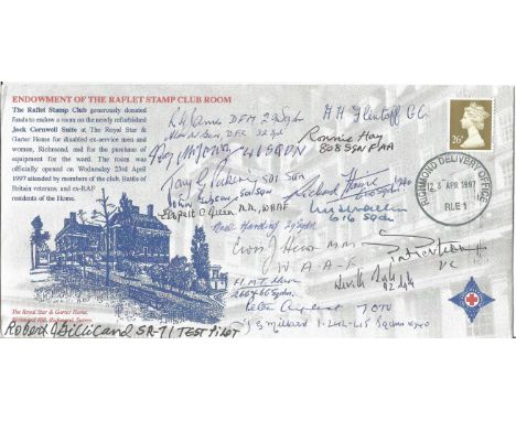 Battle of Britain multiple signed Raflet Stamp Club cover. 17 Signatures include Ronnie Hay, William Walker, Alan Gear, Tony 