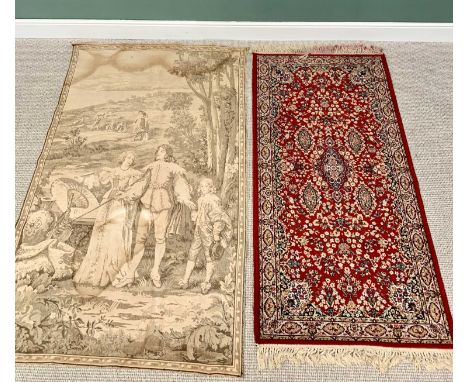 EASTERN STYLE RED GROUND WOOLLEN RUG - 176 x 91cms &amp; AN ANTIQUE STYLE WALL TAPESTRY - with classical design, 193 x 120cms