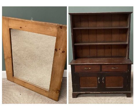 MINIATURE OAK DRESSER &amp; A LARGE PINE FRAMED WALL MIRROR, twin shelf upper rack with carved detail to one side, on a two-d