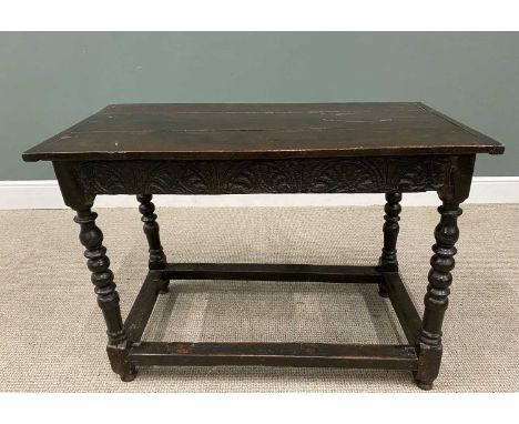 ANTIQUE OAK SIDE TABLE CIRCA 1800, peg joined construction having a well coloured three-plank top cleated to the ends, over a