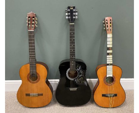 THREE CLASSICAL GUITARS, comprising a black lacquered Hondo, model H124BHM, with 1981 to the label, 103cms L, Yamaha C-40, 99