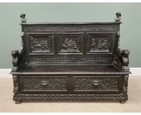ANTIQUE STAINED OAK JACOBEAN-STYLE BOX SEAT HALL BENCH, with carved lion arms, tavern interior carved back panels, and head a