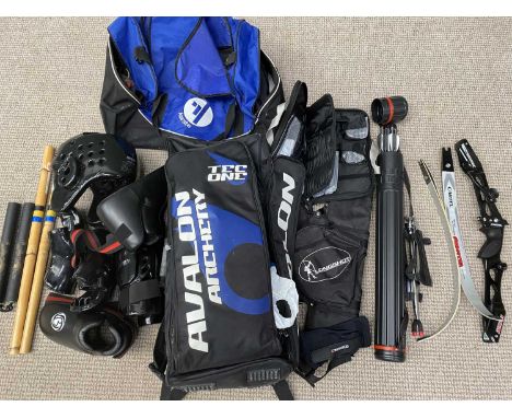 MIXED GROUP OF SPORTING EQUIPMENT FOR ARCHERY &amp; MARTIAL ARTS, to include a Cartel Fantom bow, Avalon archery kit bag, Eas