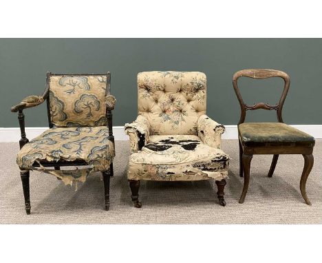 THREE VINTAGE CHAIRS FOR RE-UPHOLSTERY / RESTORATION, comprising a button back upholstered open armchair on turned front supp