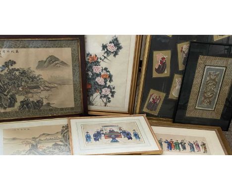 SEVEN CHINESE & JAPANESE ARTWORKS, to include a framed group of nine fine cut and painted paper masks, 68.5 x 48cms overall, 